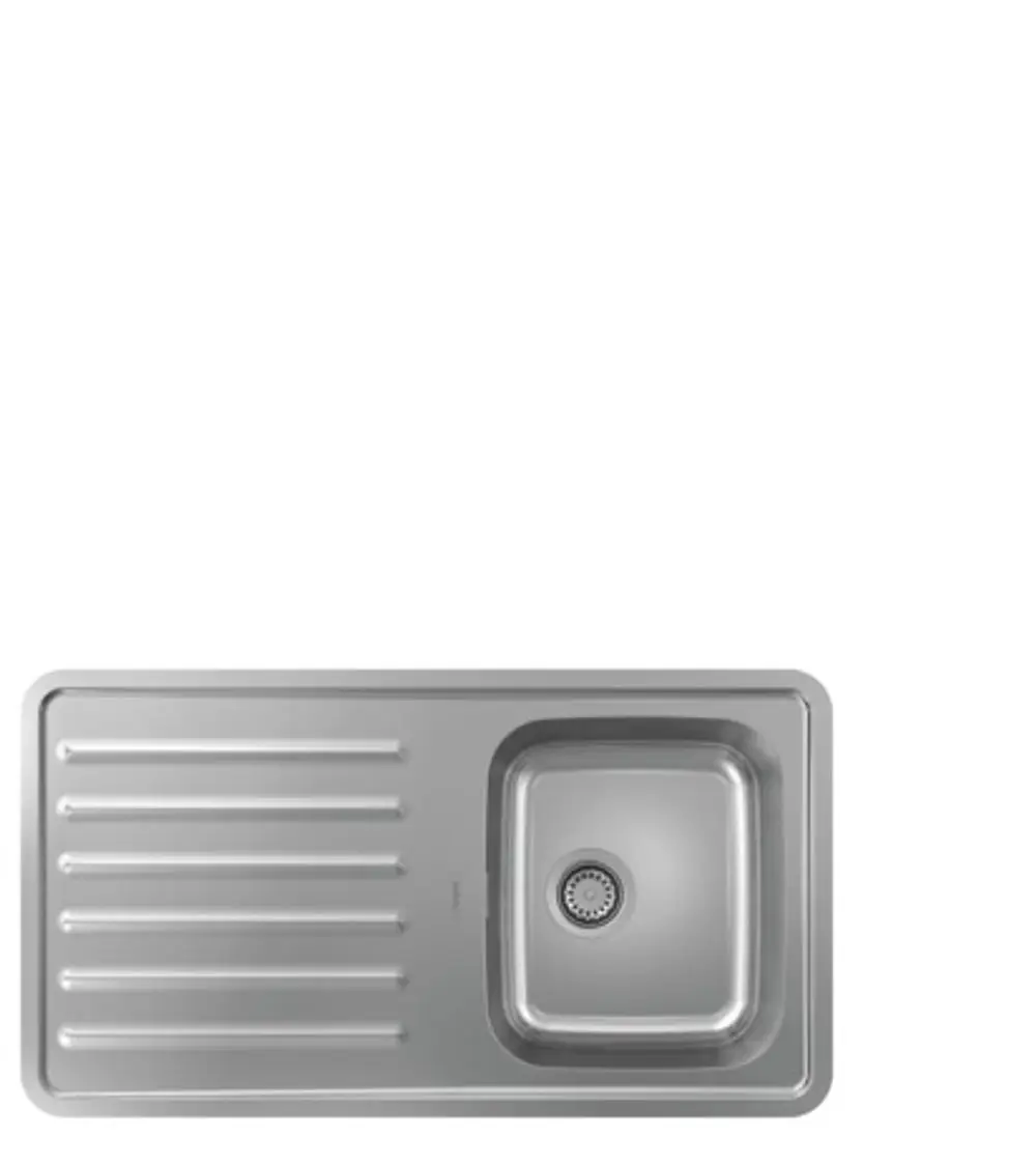 Edelstahlspüle von Hansgrohe mit einer abgerundeten Innenform und integrierter Abtropffläche auf der rechten Seite. Entwässerung im Zentrum des Beckens.